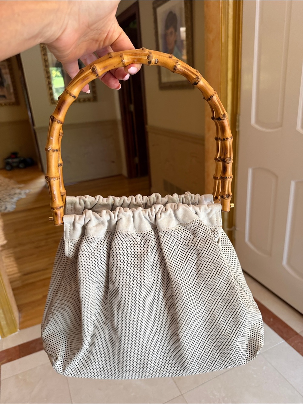 Authentic Gucci Beige Mesh Tote with Bamboo Handles. Vintage